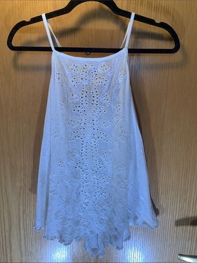 Free People White Cotton Embroidered Square Neck, Tie-Back Tank Top -